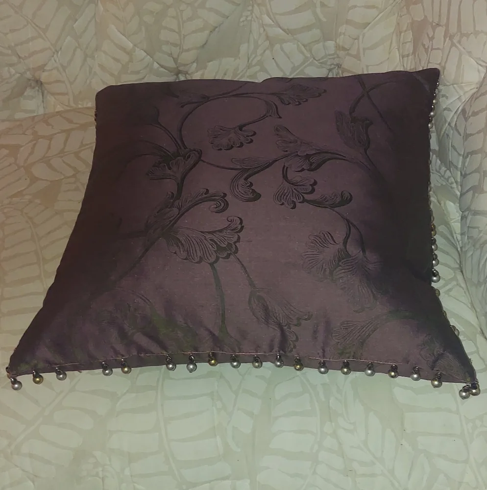 2 Pc Vintage Silk Chocolate Brown Floral Down Pearl Beaded Embellishment Pillows
